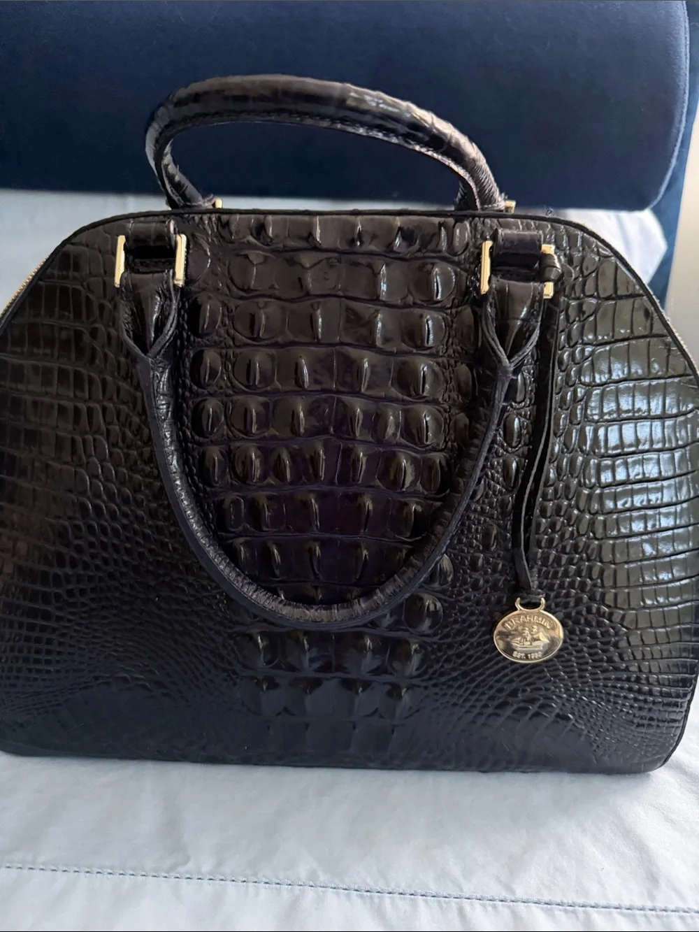 Brahmin Ink Blue Croc-Embossed Satchel with Gold Charm